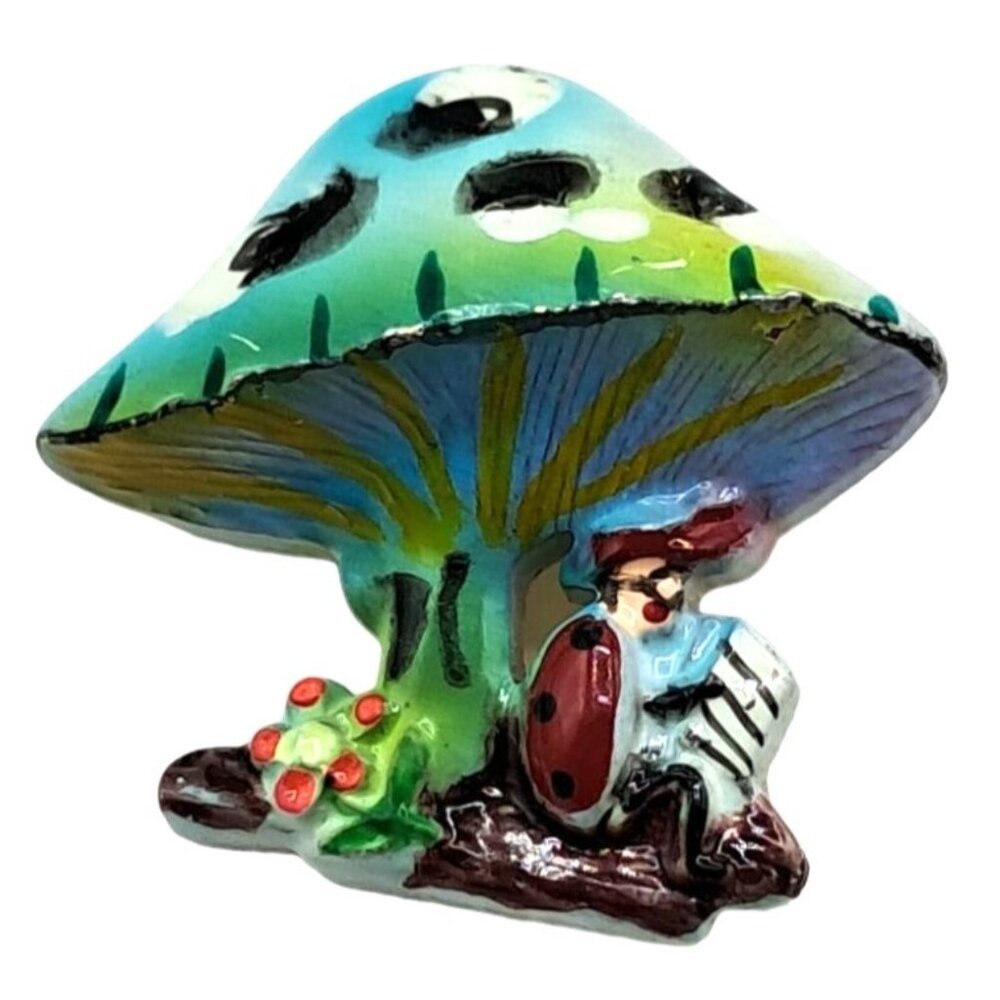 Vintage Painted Mushroom Brooch Pin Man playing Accordion Costume Jewelry